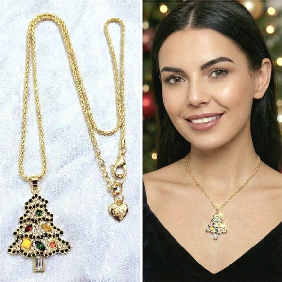 Gold-plated multicolored crystal Christmas tree pendant necklace - Picture 1 of 12